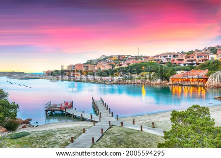 Astonishing view of Porto Cervo at sunset. Popular tourist destination of Mediterranean sea. Location: Arzachena, Province of Sassari, Sardinia, Italy, Europe Royalty-Free Stock Photo #2005594295