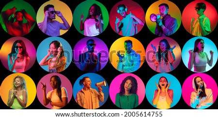 Photos in a round frame. Portraits of different people on multicolored background in neon light. Flyer, collage made of models. Concept of emotions, facial expression, sales, advertising. Royalty-Free Stock Photo #2005614755