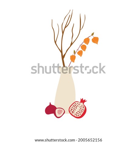 Vase with a branch, physalis, pomegranate and figs, autumn composition. Royalty-Free Stock Photo #2005652156