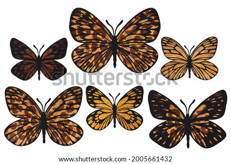 Butterflies outlines silhouette with leather and fur texture. Hot summer clip art. Safari set on white 