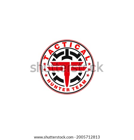 badge emblem logo of tactical or military training, tactical sport, hunter team, bullet and scope, monogram TF