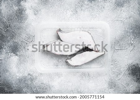 Fish fillet frozen pack set, on gray stone table background, top view flat lay, with copy space for text