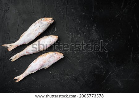 Frozen mullet or sultanka fish set, on black dark stone table background, top view flat lay , with copy space for text