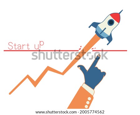 Business Start up hand pointing with profit graph with space rocket, Vector concept design illustration.
