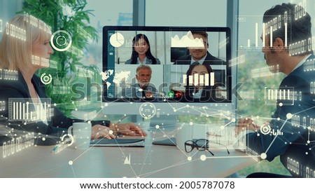 Creative visual of business people in a corporate staff meeting on video call . Concept of digital technology for marketing data analysis and investment decision making .