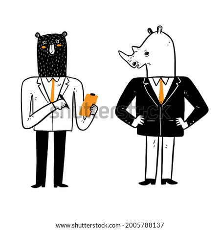 Office living business ideas, well dressed men or women, their heads are animals. Vector Illustration Hand drawing doodle style