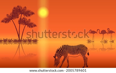Sunset landscape with flamingo silhouettes and zebra. 
