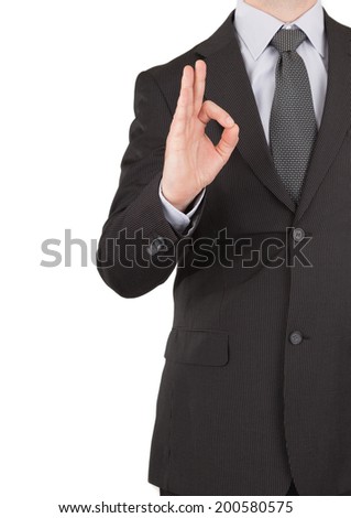 Businessman showing okay sign with hands. With copy space