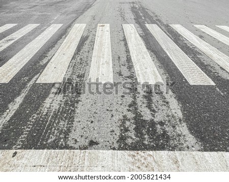 Dirty asphalt zebra cross because of vehicles wet tire