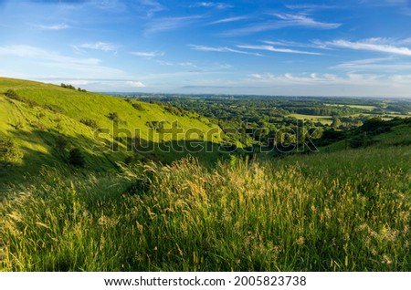Beautiful views from the Devils Kneading Trough, Wye Downs near Ashford in Kent, south east England Royalty-Free Stock Photo #2005823738
