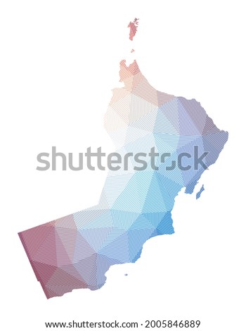 Map of Oman. Low poly illustration of the country. Geometric design with stripes. Technology, internet, network concept. Vector illustration.