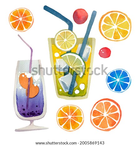 Watercolor cocktail illustration set. Painted isolated fresh beverages on white background. Menu design
