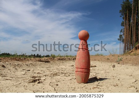 Plastic bowling pin on desert land. Natural background