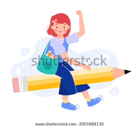 Happy girl sitting on pencil with school bag, get ready for studying and working. Teenager riding on stationary. Back to school or creative thinking concept. Flat vector illustration.