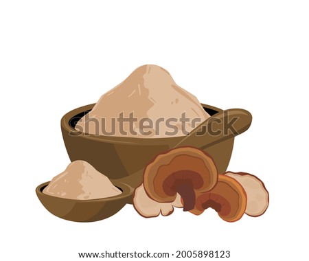 Reishi mushroom powder in wooden spoon and bowl isolated on white background. Icon vector illustration.