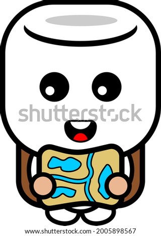 cartoon vector cute marshmallow character who likes camping holding a map