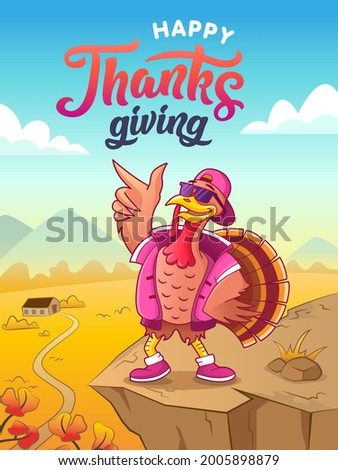 Happy thanksgiving. Greeting card. Cool cartoon turkey in sunglasses and cap dancing against the autumn background. Vector illustration for thanksgiving party poster