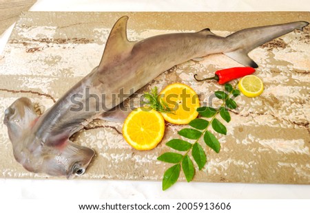 Selective focus of Smooth Hammerhead Shark decorated with herbs and fruits on a white Background.