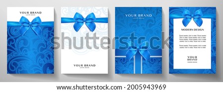 Holiday cover, frame design set. Luxury floral pattern (curve) background with blue ribbon (bow). Elegant vector collection template for invitation (invite vip card), greeting or gift card, award