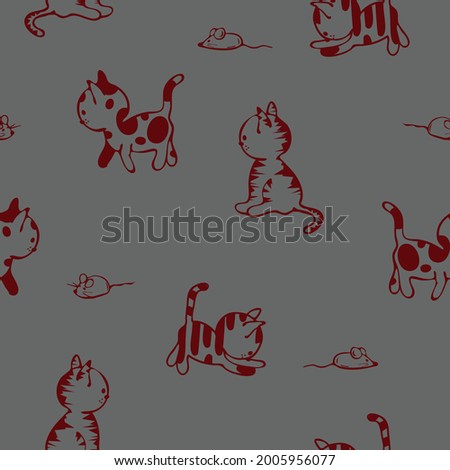Seamless vector pattern with playful cat on grey background. Cute animal sketch wallpaper design. Decorative kitten fashion textile.