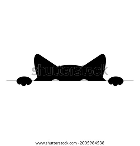 Cat peeking out from table. Funny cunning feline family animal silhouette looking for food. Cute vector illustration and creative design for postcard, greeting card, banner, web, print
