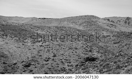 A black and white desert landscape of high desert hills covered in sagebrush.