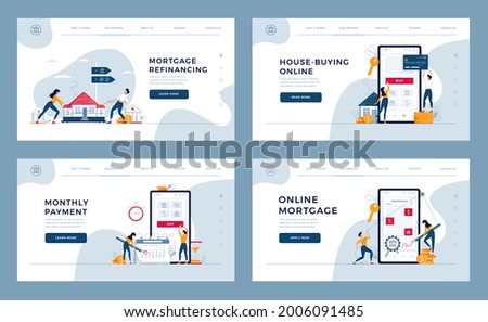 Mortgage concept set for landing, homepage. House-buying, monthly payment, online loan contract signing, mortgage refinancing. Collection of web page templates for web design. Flat vector illustration