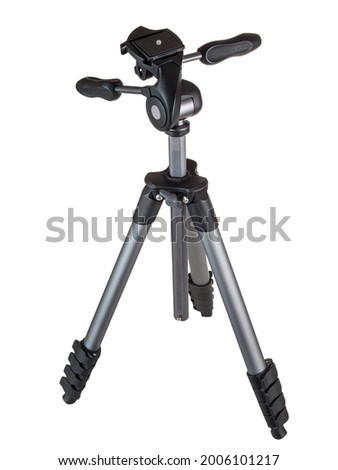 Photographic tripod, isolated on a white background, aluminum, lightweight, compact, for travel, panoramic tripod head