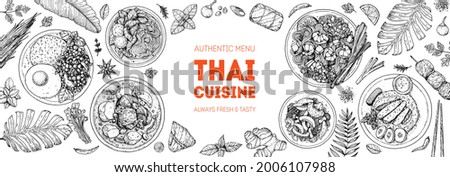 Thai food top view vector illustration. Food menu design template. Hand drawn sketch. Thai food menu. Vintage style. Pad thai, khao man gai, thai noodle soup, pad krapow gai, massaman curry. Royalty-Free Stock Photo #2006107988