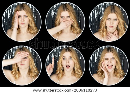 Festive collage. Emotional female portrait. Party photo. Pretty woman showing gloomy skeptic happy eureka face close eyes mouth on silver cascade curtain background black circle frame.