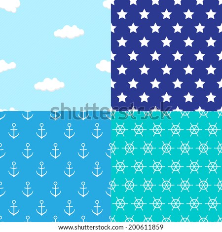 Set of simple seamless pattern with clouds, stars, anchors. Vector illustration.