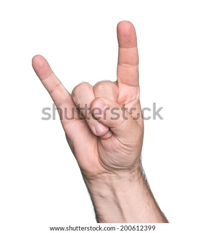 Man hand showing the Rock and Roll sign isolated on white background