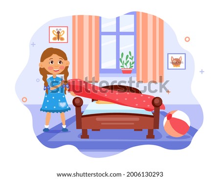 Kids doing housework concept. A little cheerful girl makes her bed after sleeping. Tidying up his room. An obedient child. Cartoon modern flat vector illustration isolated on a white background Royalty-Free Stock Photo #2006130293
