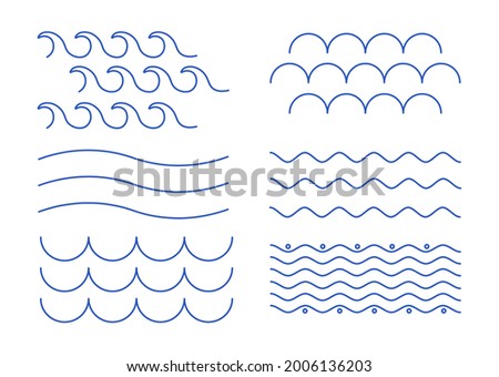 Set of line. Abstract waves and zigzags of blue color for websites and printing. Minimalistic ornaments. Water icons and stickers. Flat line art design elements isolated on a white background