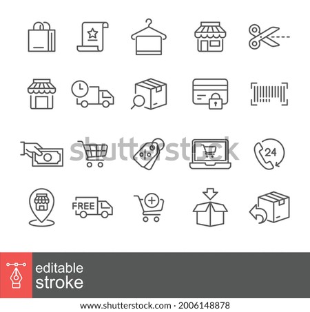 Ecommerce Icon Set. online shopping, Bag, Add cart trolley, fast shipping truck logistic Hanger towel Editable stroke Line icon outline style Vector illustration design on white background EPS 10 Royalty-Free Stock Photo #2006148878
