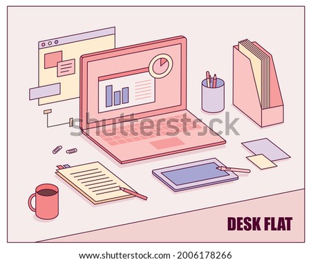 Laptop and office supplies on the desk. Isometric view. flat design style minimal vector illustration.
