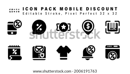 Icon Set of Mobile Discount Glyph Icons. Contains such Icons as Barcode, Discount Date, Clothes, T-shirt etc. Editable Stroke. 32 x 32 Pixel Perfect