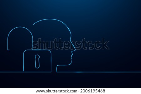 Opening mind. Unlock your brain. Human head with unlock icon in simple blue lines design. Vector illustration Royalty-Free Stock Photo #2006195468