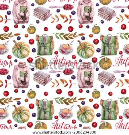 Seamless pattern watercolor autumn mood. Cup of tea, books, spoon, pumpkin, leaves, bag, jumper, berries on white. Health vitamin hot drink. Hygge creative background for menu, wallpaper, wrapping