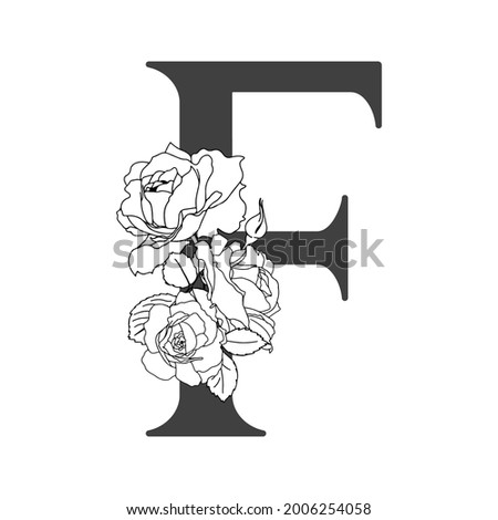 Vector floral alphabet. Floral design of letter F. Monogram floral letters. Decoration of wedding invitations, cards, business cards of florists. Floral design of roses in a linear style.