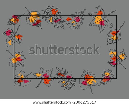 An advertising poster with autumn leaves in a frame. Autumn leaves with a black line with watercolor blots .Illustration on a gray background.
