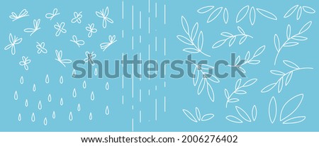 A set of twigs with leaves, a drop of rain, butterflies, for the design of eco-friendly screensavers. Simple linear style.