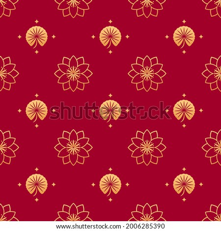 Lotus seamless vector pattern. Chinese floral seamless pattern. Gold decoration elements of lotus flowers on red background. Floral, oriental, japanese, asian vector background. Print texture.