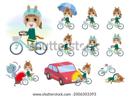 A set of Horse girl riding a city cycle.It's vector art so it's easy to edit.