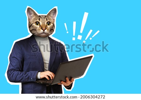 Portrait of a man with the face of an animal. Smart cat. A magazine-style collage with a smart cat. The expression of human characters through animals. Animal traits in humans. Modern creative collage