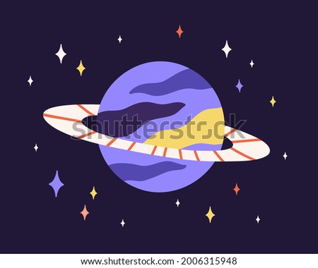 Abstract planet sphere with ring around in outer space. Alien world with strange globe and stars in cosmos. Childish flat vector illustration of fantastic celestial object in universe