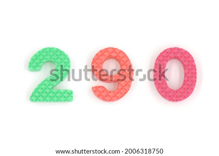 number 290 isolated on white background. Colorful letters on background close up. Alphabet toy. Number two hundred and ninety.