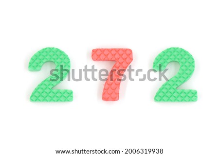 number 272 isolated on white background. Colorful letters on background close up. Alphabet toy. Number two hundred and seventy two.
