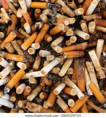 Lots of cigarette butts left in the container. The dangerous and foul-smelling white smoke spread out. It can cause serious disease that damages the lungs and respiratory disease. Royalty-Free Stock Photo #2006324714