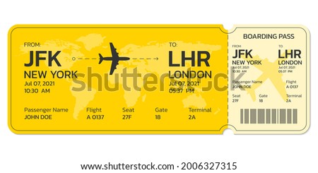 Plane ticket. Airline boarding pass template. Modern flight card blank design with the airplane. Air travel or trip concept. Vector illustration. Royalty-Free Stock Photo #2006327315